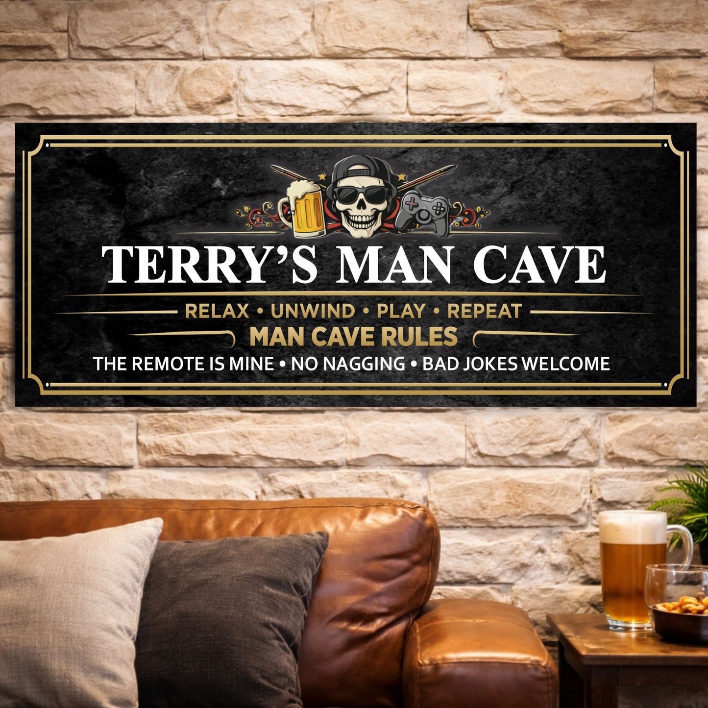 Custom man cave sign displayed on wall in bar style room setting