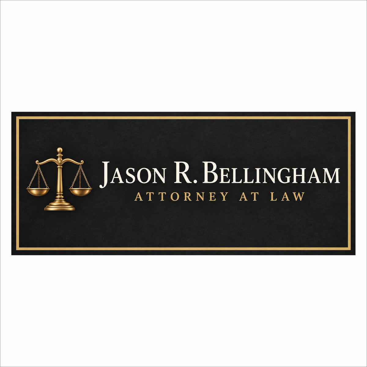 Personalized attorney office sign with a charcoal background, gold scales of justice, ivory name lettering, and a printed gold border.