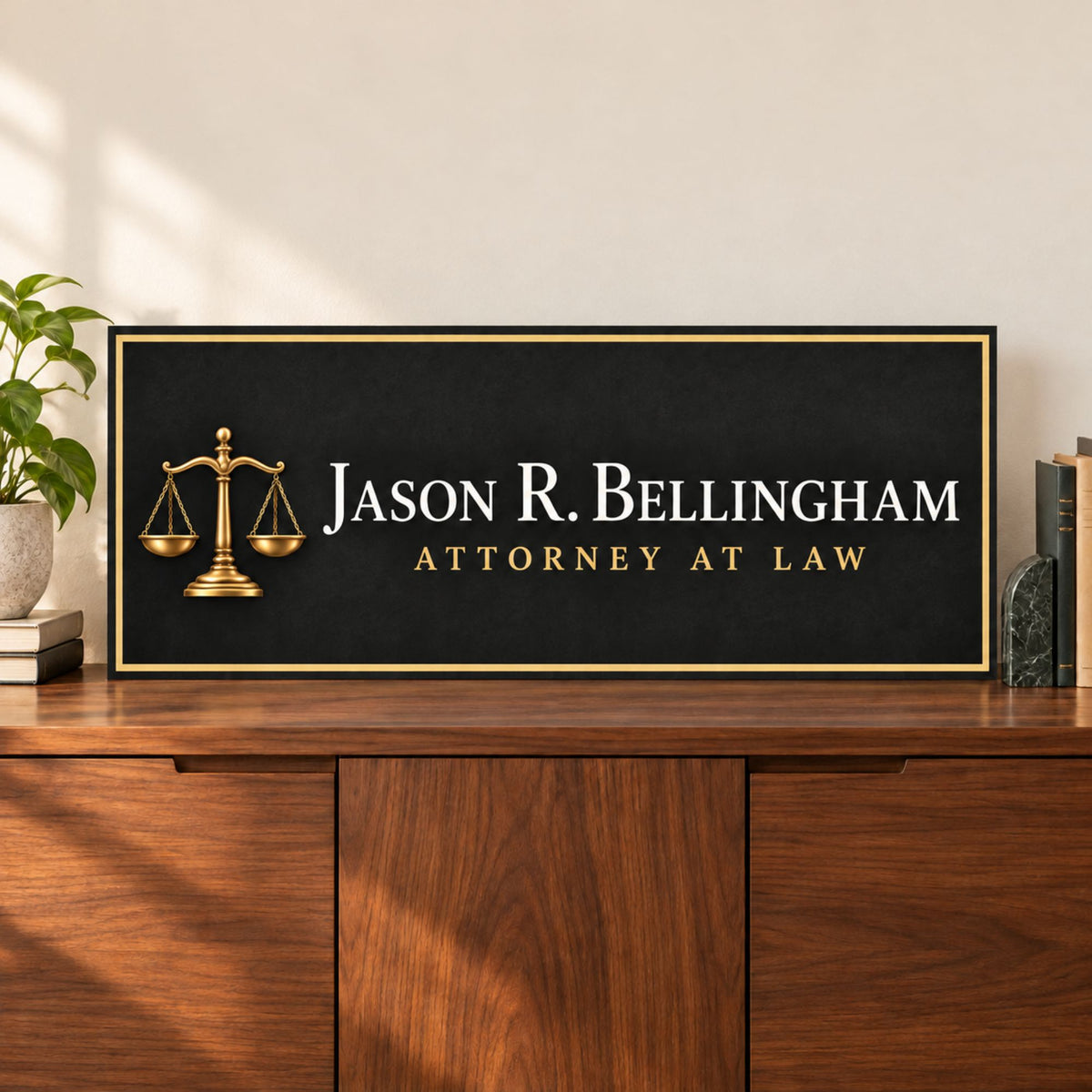 Custom attorney sign displayed on a walnut credenza with law books and greenery in a softly lit office.