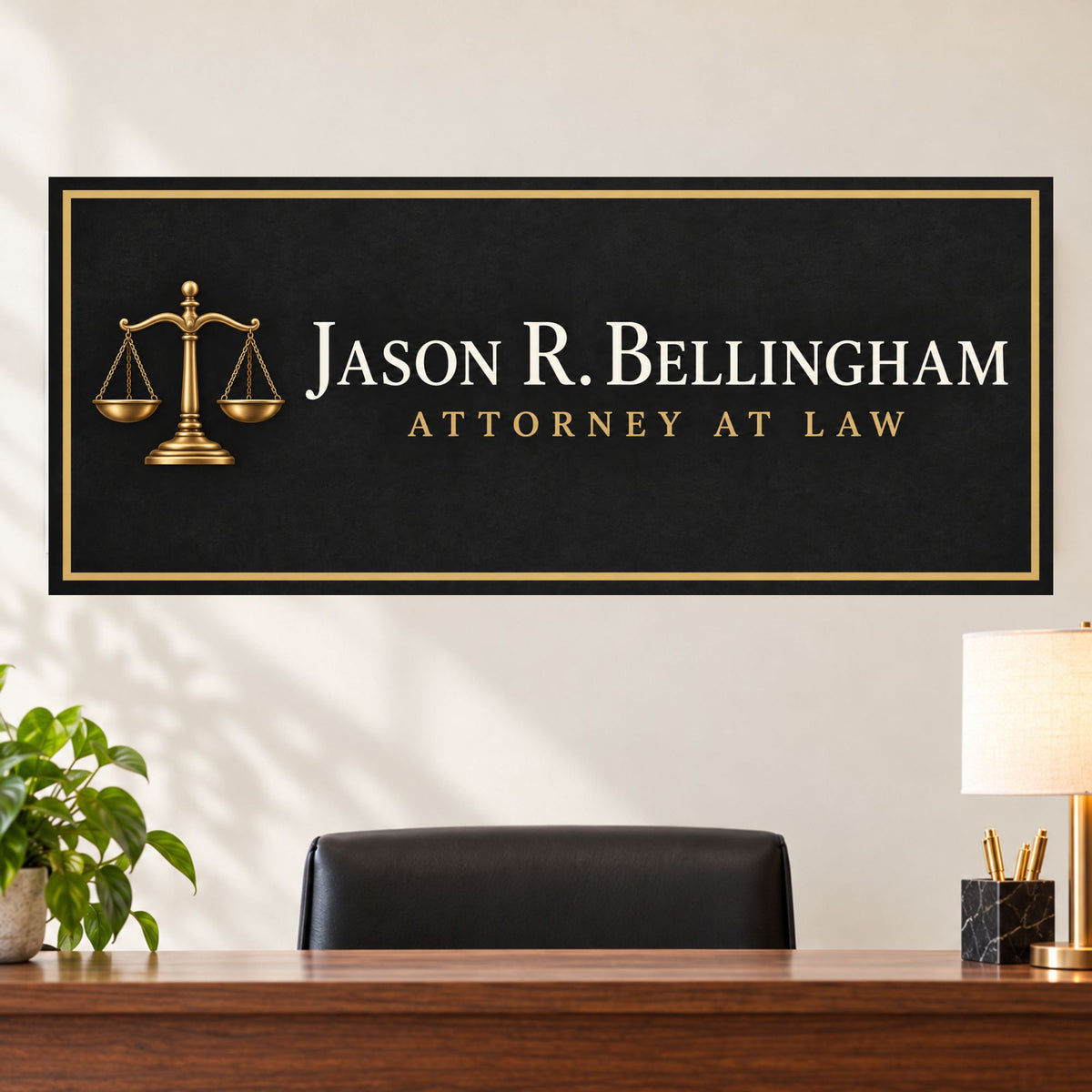 Personalized law office sign mounted behind a reception desk, featuring gold scales of justice and custom lettering.