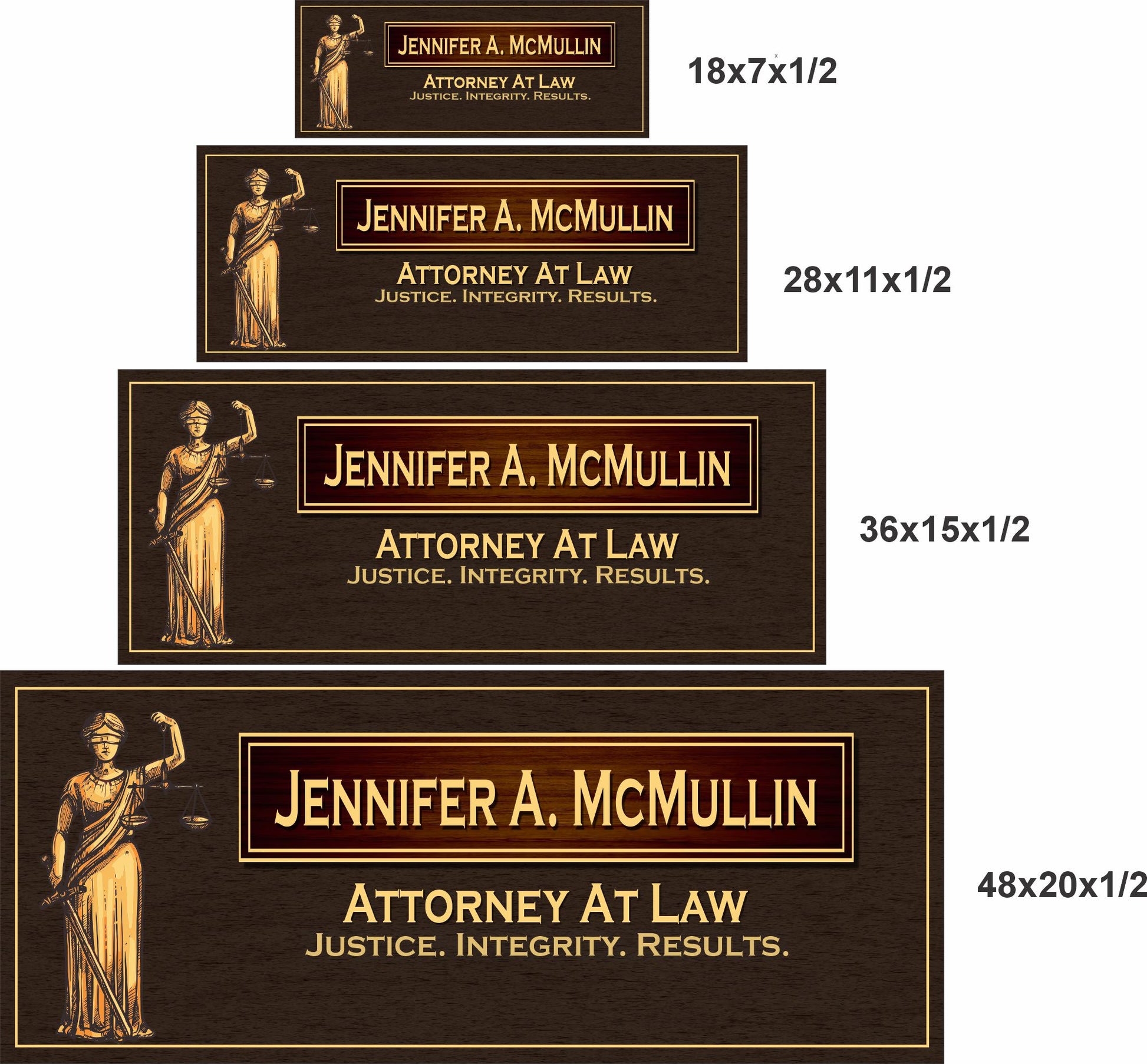 size comparison showing law office sign in 18x7 28x11 36x15 48x20 inches
