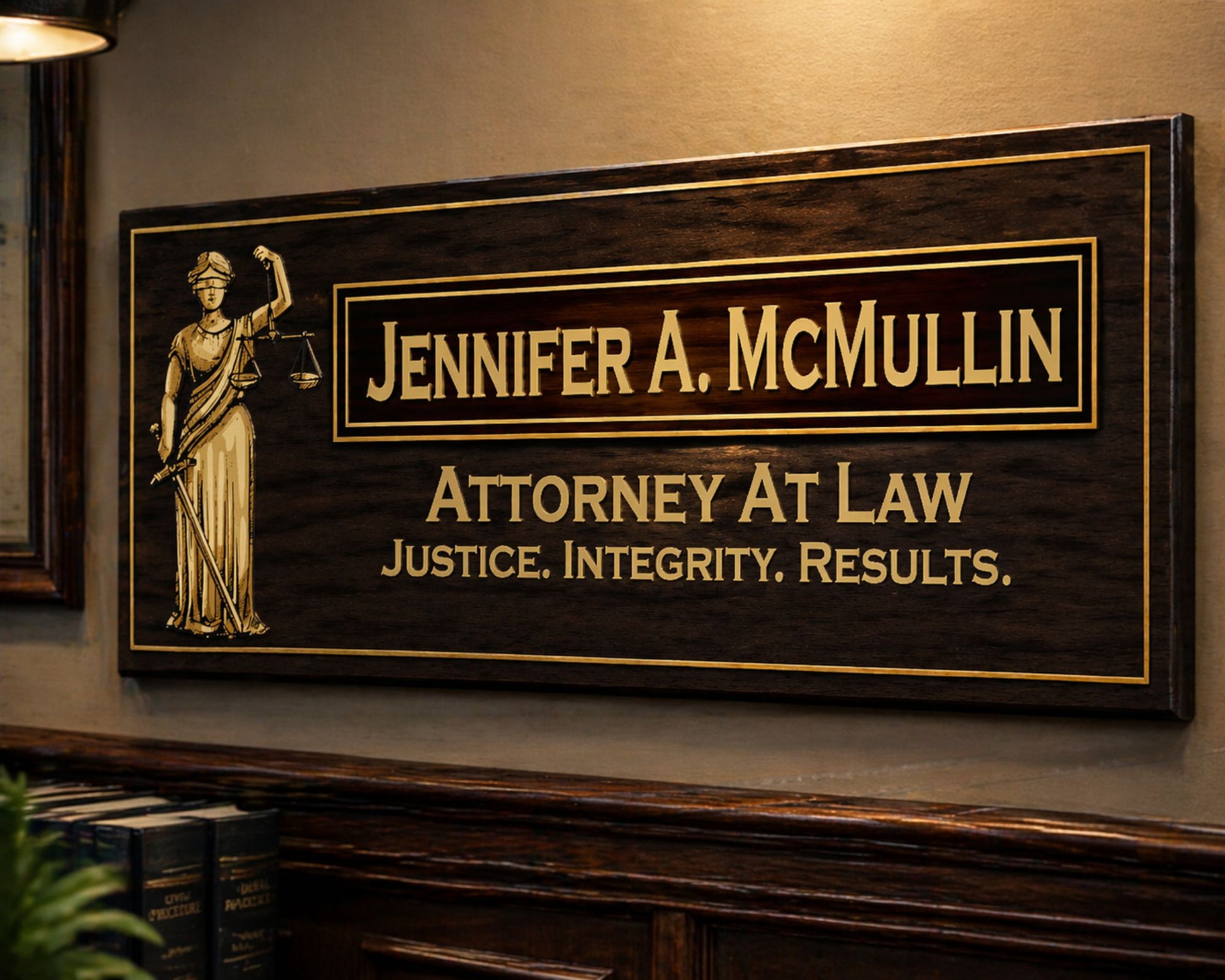 attorney name plaque mounted on wall in professional law office setting 