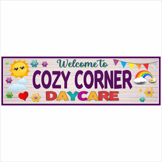 personalized daycare sign colorful childcare decor wood background playful kids wall sign