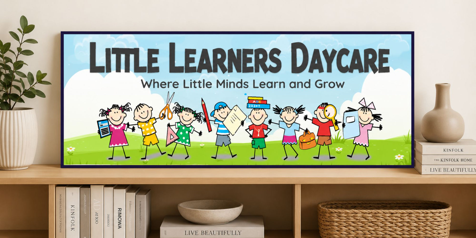 Personalized daycare sign displayed on shelf with books and modern classroom decor