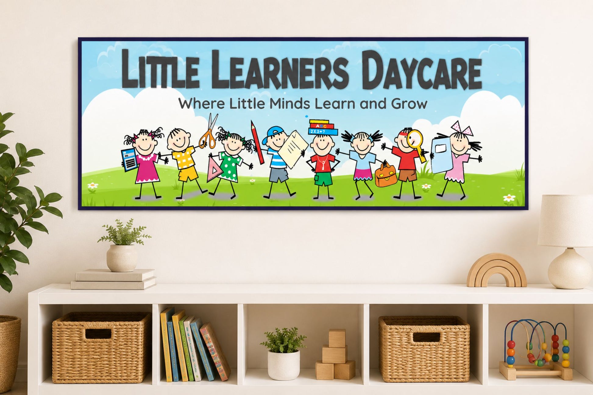 Custom preschool classroom sign displayed on wall above shelves in daycare learning environment