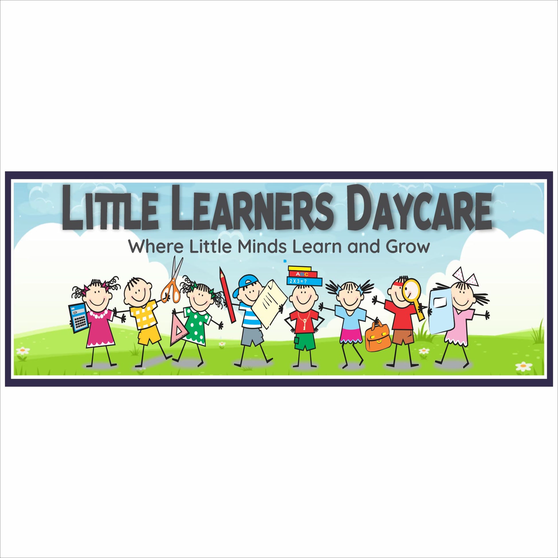 Personalized daycare sign with colorful children graphics and custom preschool classroom name on blue sky background