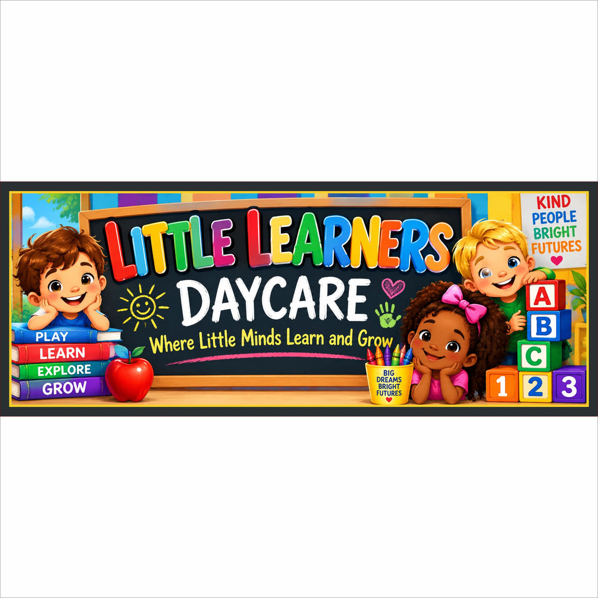 Personalized Daycare sign with colorful classroom graphics and three customizable text lines