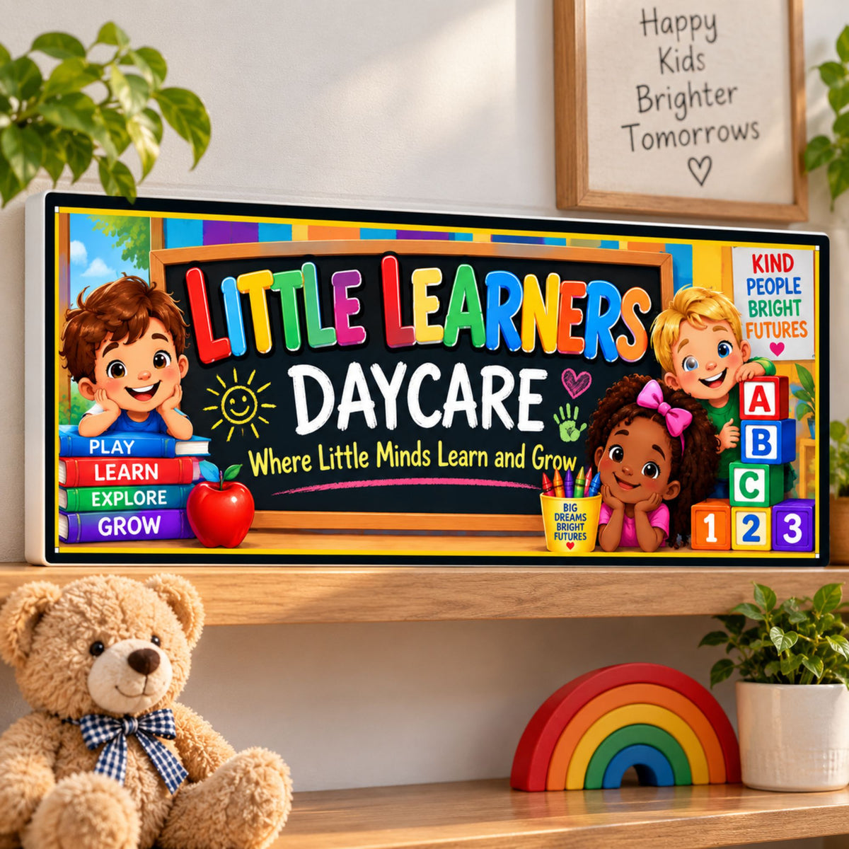Daycare rigid PVC sign displayed on a shelf in a cheerful childcare setting.