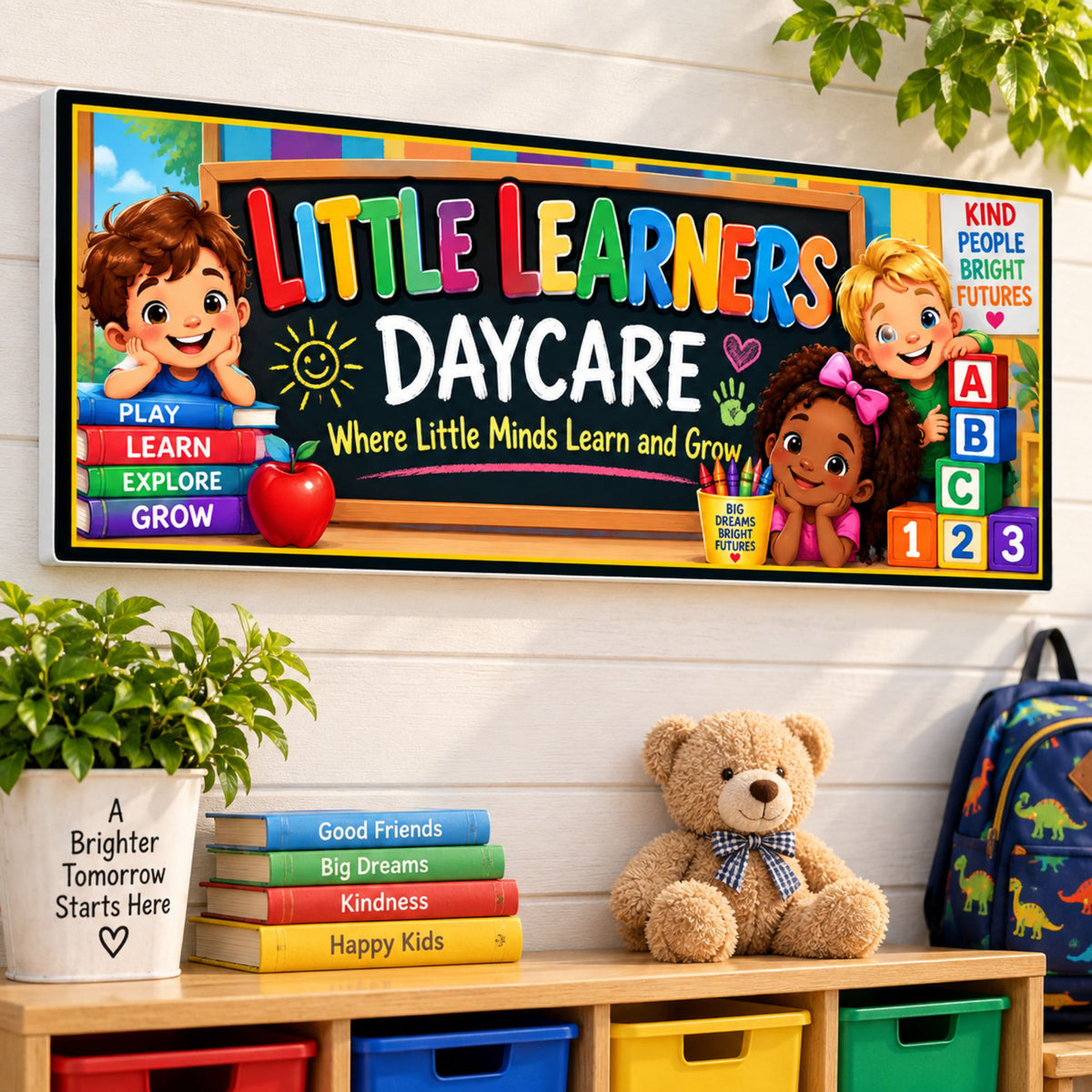 Personalized daycare sign displayed on a bright classroom wall with colorful learning center decor.