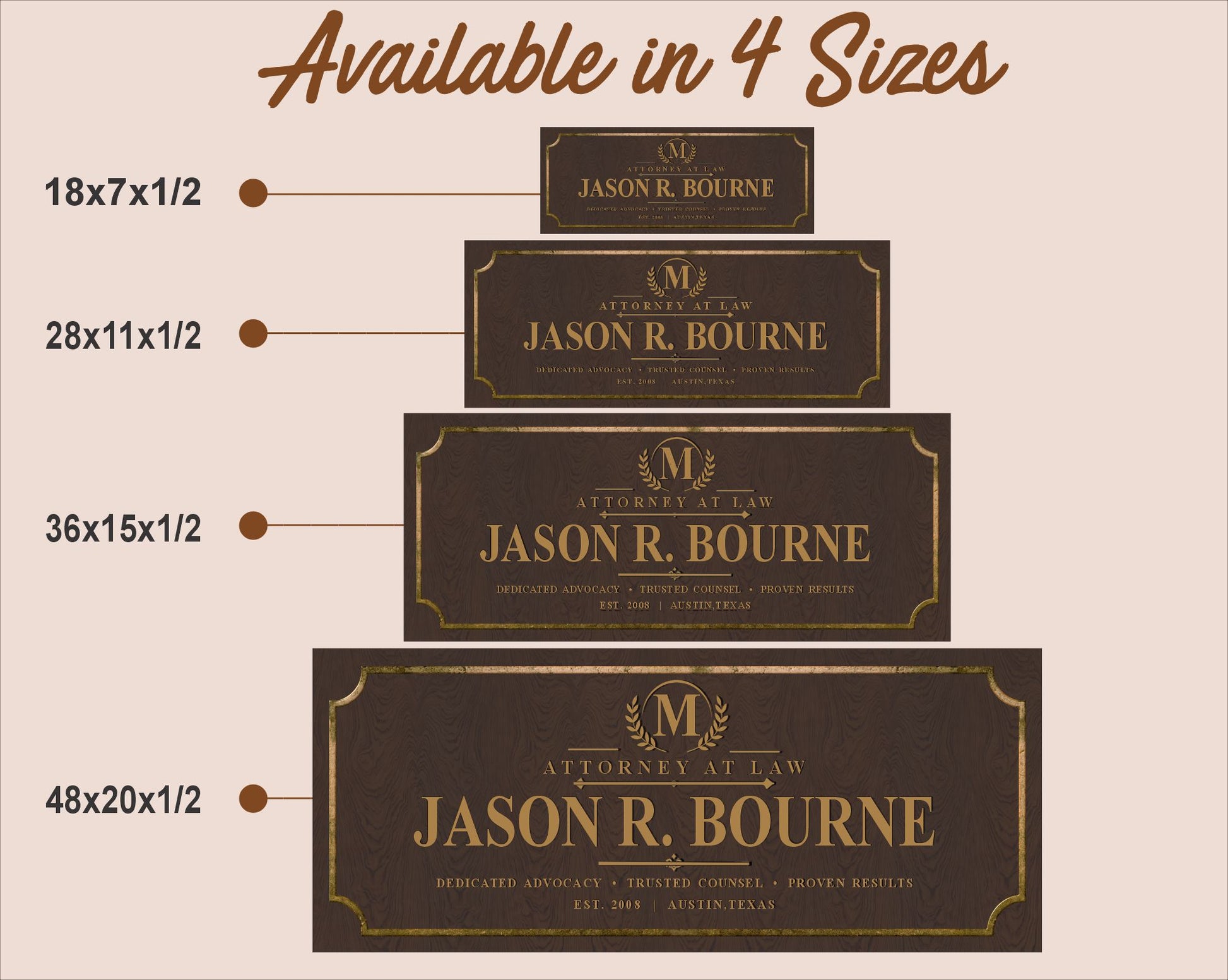 Size comparison chart for personalized attorney sign available in four sizes