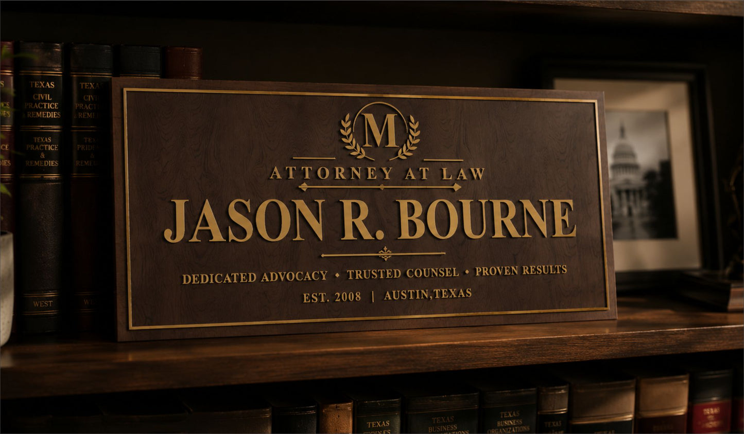 Custom attorney wall sign displayed on bookshelf in professional office setting