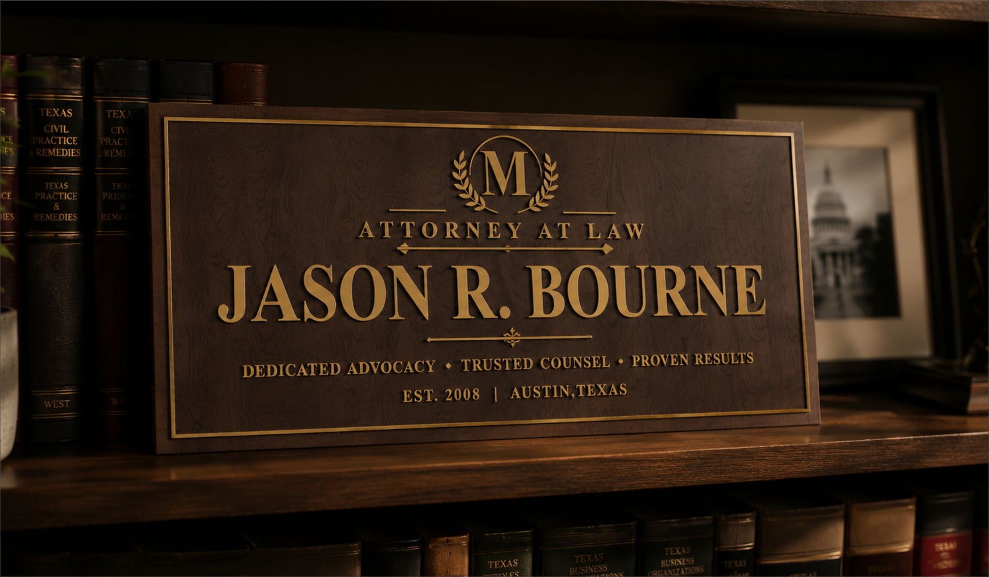 Custom attorney wall sign displayed on bookshelf in professional office setting