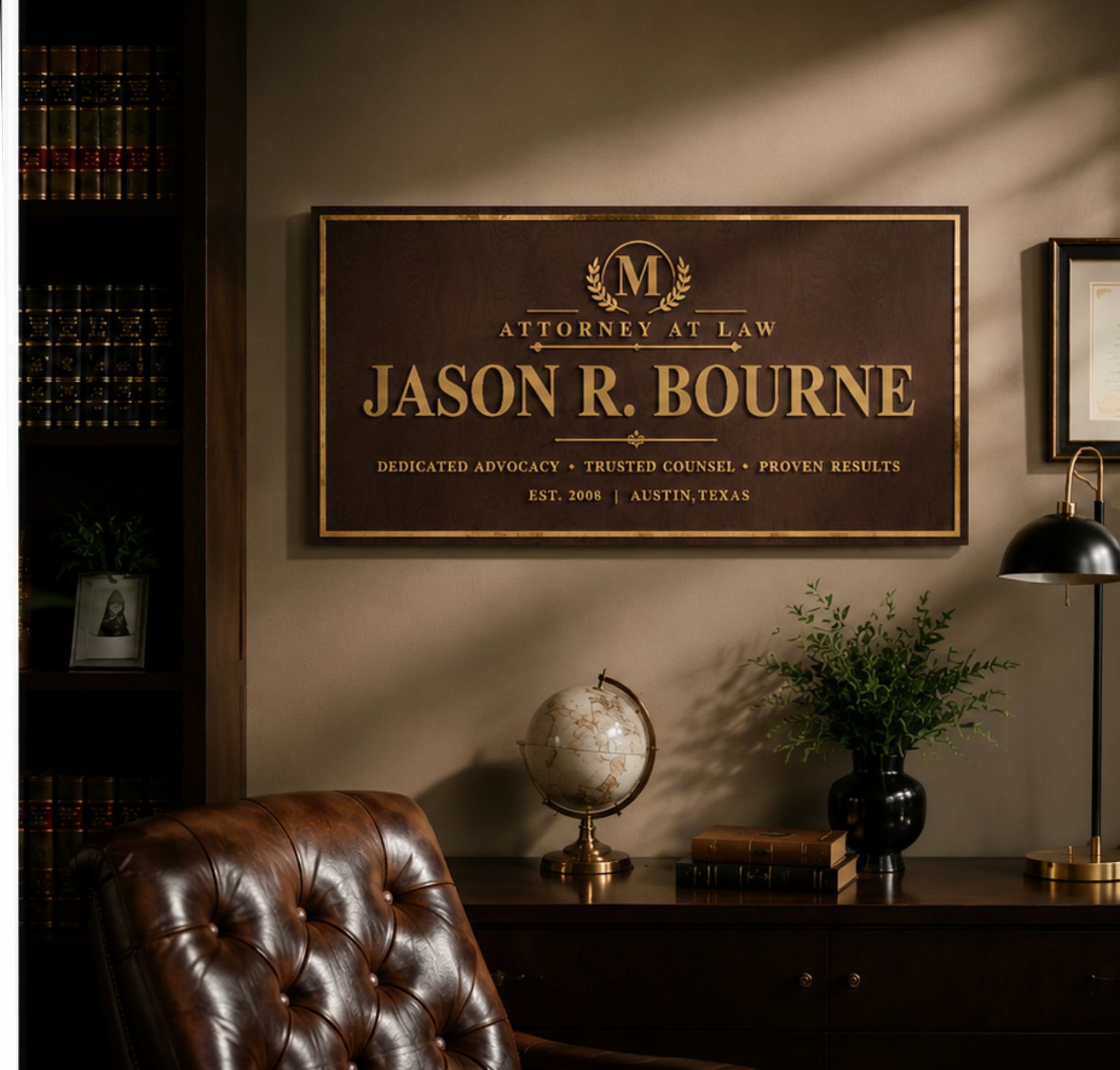 Personalized law office sign displayed on office wall above leather chair in elegant workspace
