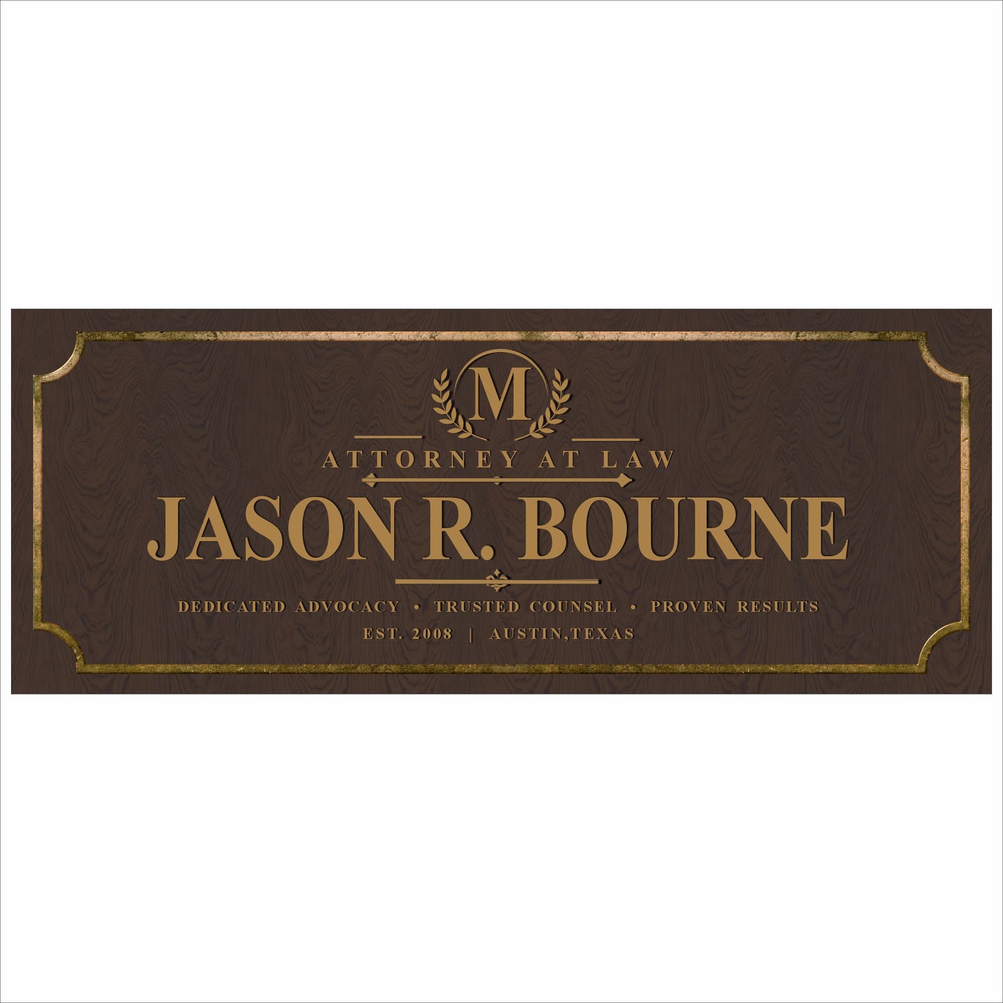 Personalized attorney sign with custom law office name on elegant wood style background with gold lettering