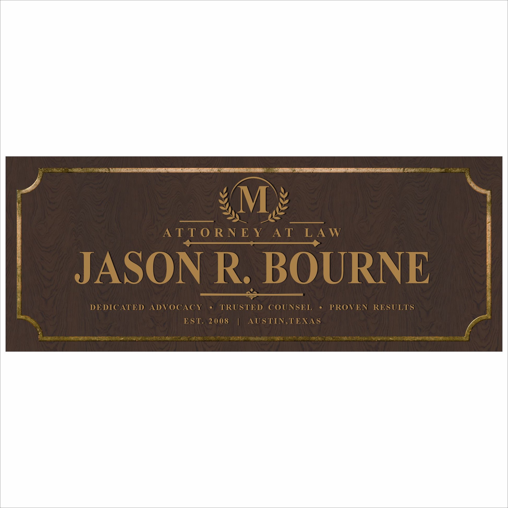 Personalized attorney sign with custom law office name on elegant wood style background with gold lettering