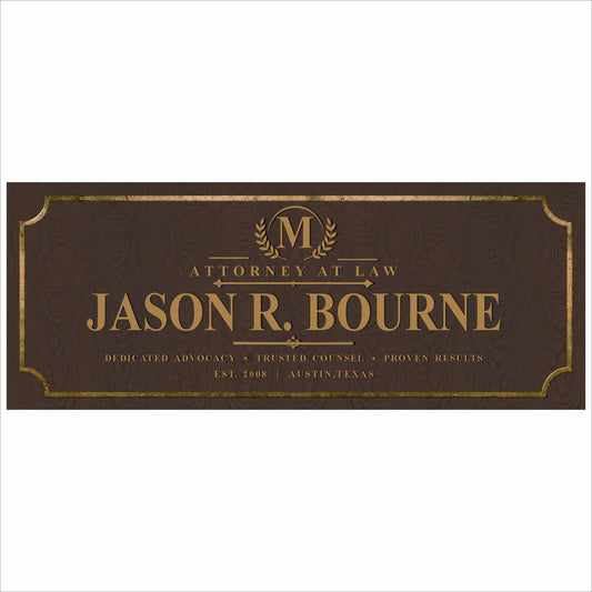 Personalized attorney sign with custom law office name on elegant wood style background with gold lettering