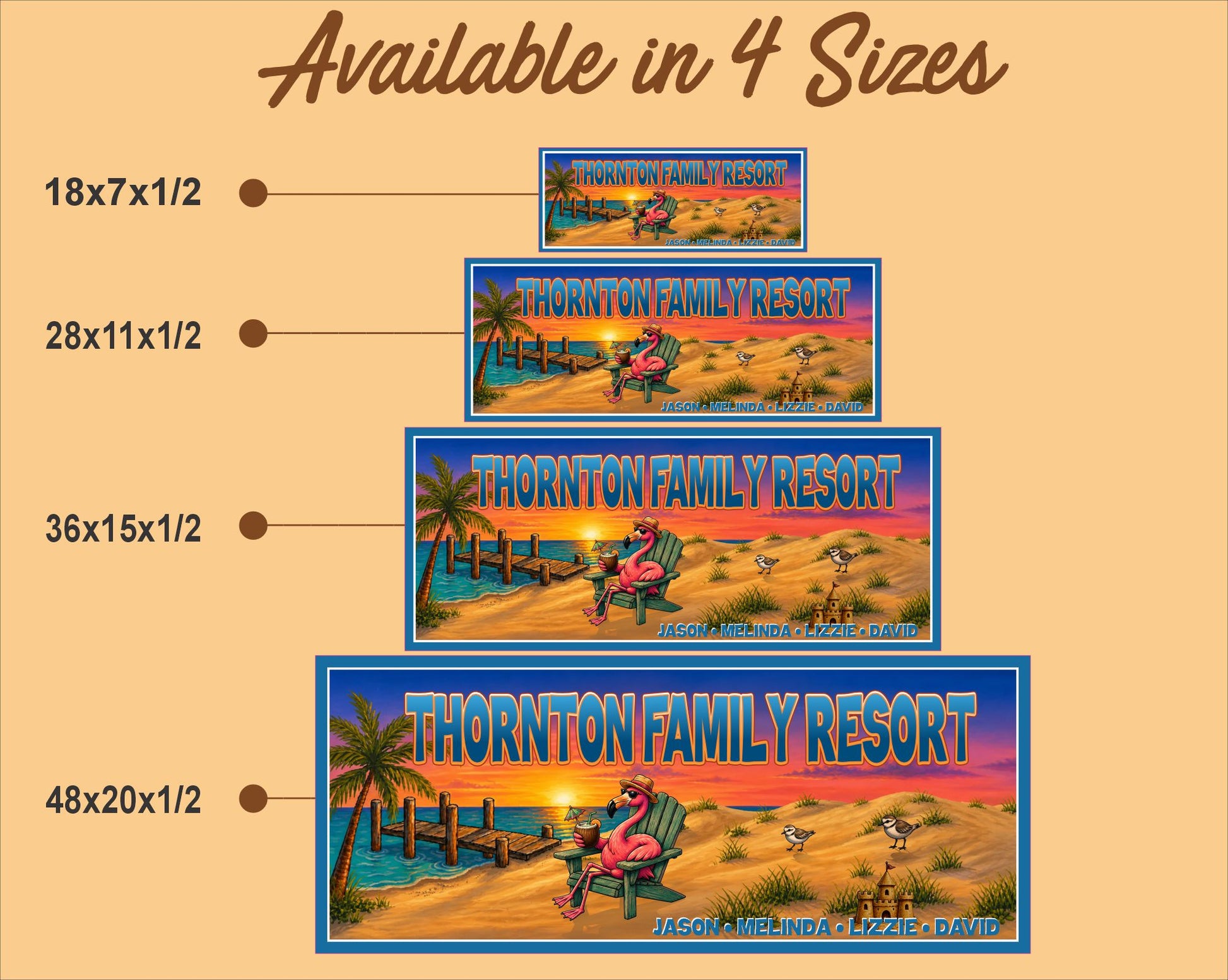 Size comparison image showing tropical family resort sign available in 18x7, 28x11, 36x15, and 48x20 inch sizes