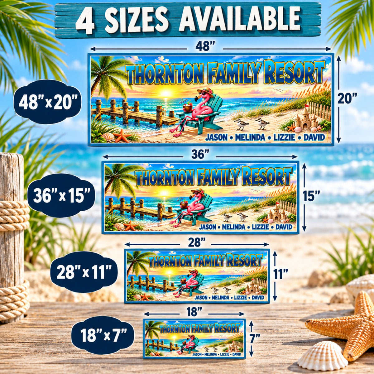 Size comparison of personalized flamingo beach resort signs in 18×7, 28×11, 36×15, and 48×20 inches, printed on rigid PVC.