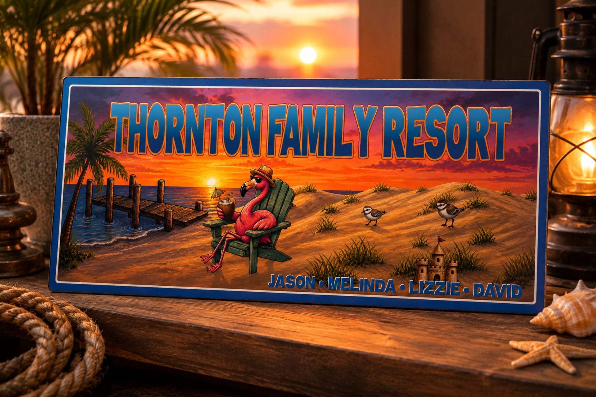 Personalized flamingo family resort sign displayed on rustic shelf with warm sunset-inspired lighting