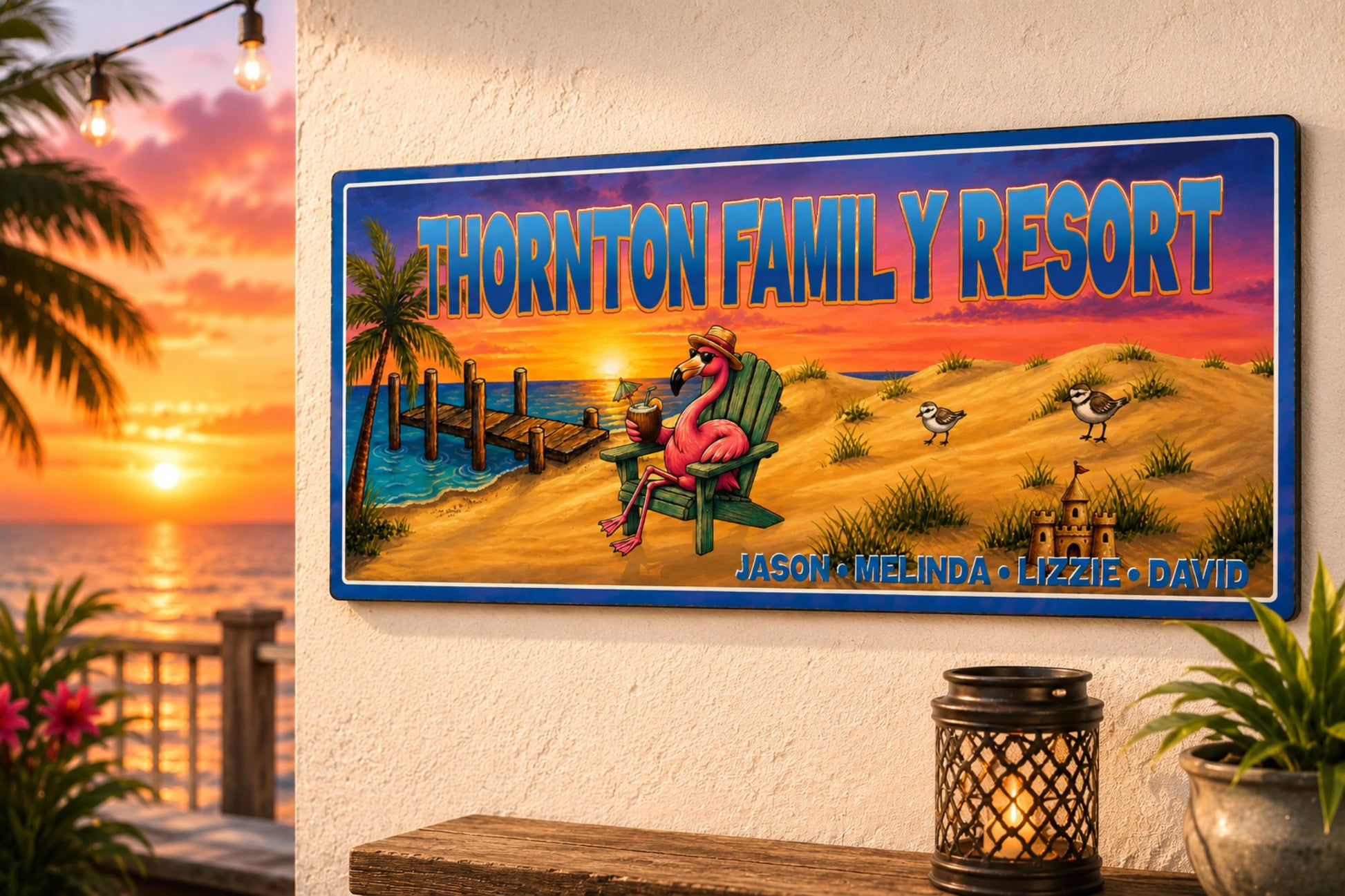 Custom beach resort wall sign displayed outdoors with tropical sunset background and coastal decor