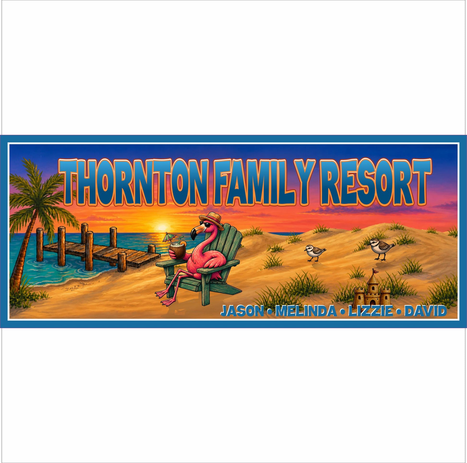 Personalized tropical resort sign featuring flamingo beach artwork and colorful sunset waterfront scene