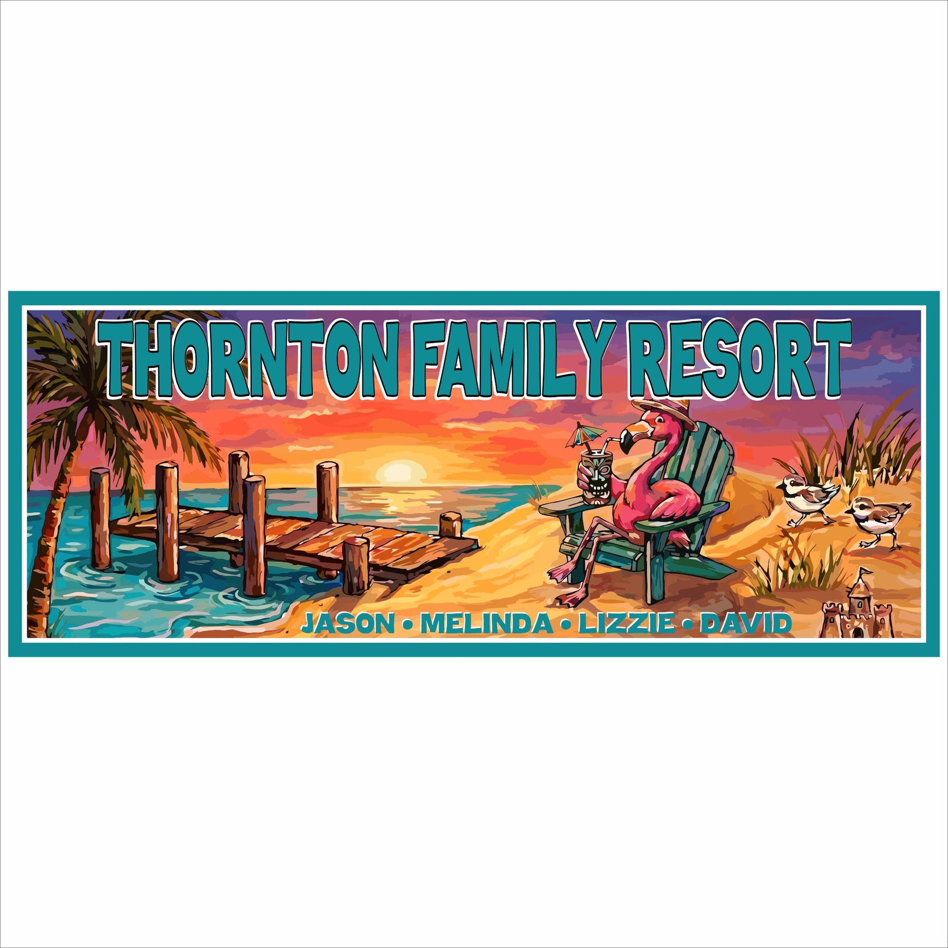 Custom tropical family resort sign example with beach dock sunset and flamingo artwork