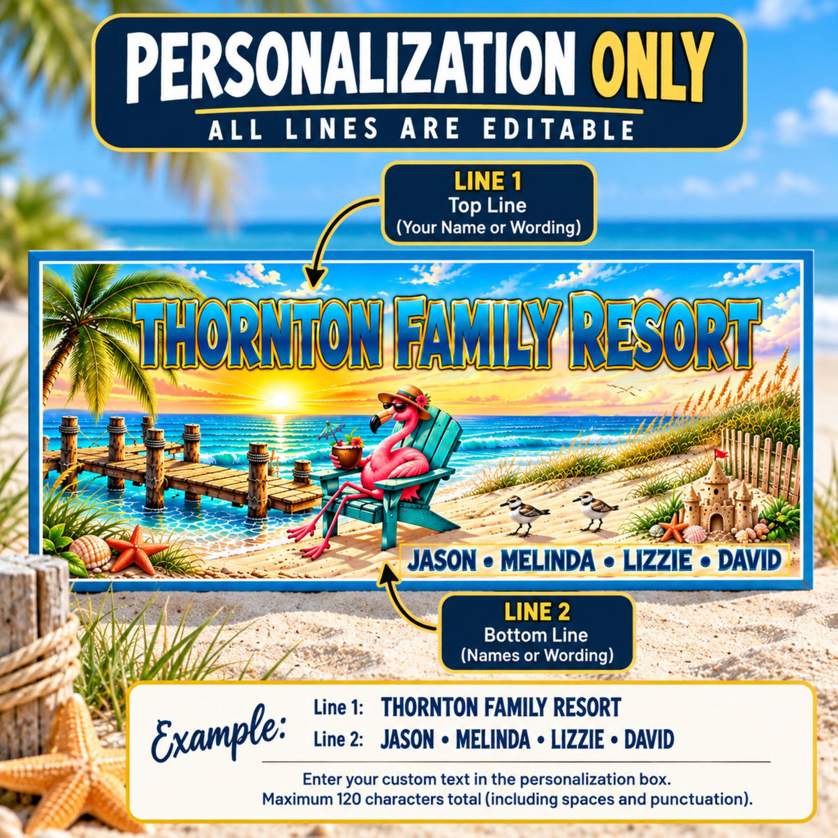 Personalization guide showing two editable text areas: the large family resort name at the top and individual family names along the bottom.