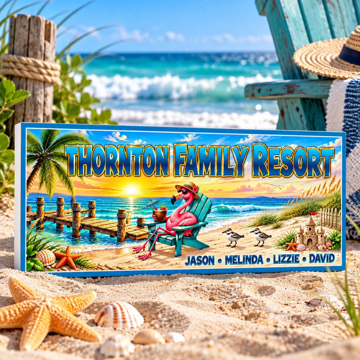 Custom Thornton Family Resort sign displayed on a sandy ocean beach with tropical coastal scenery, seashells, and a turquoise Adirondack chair.