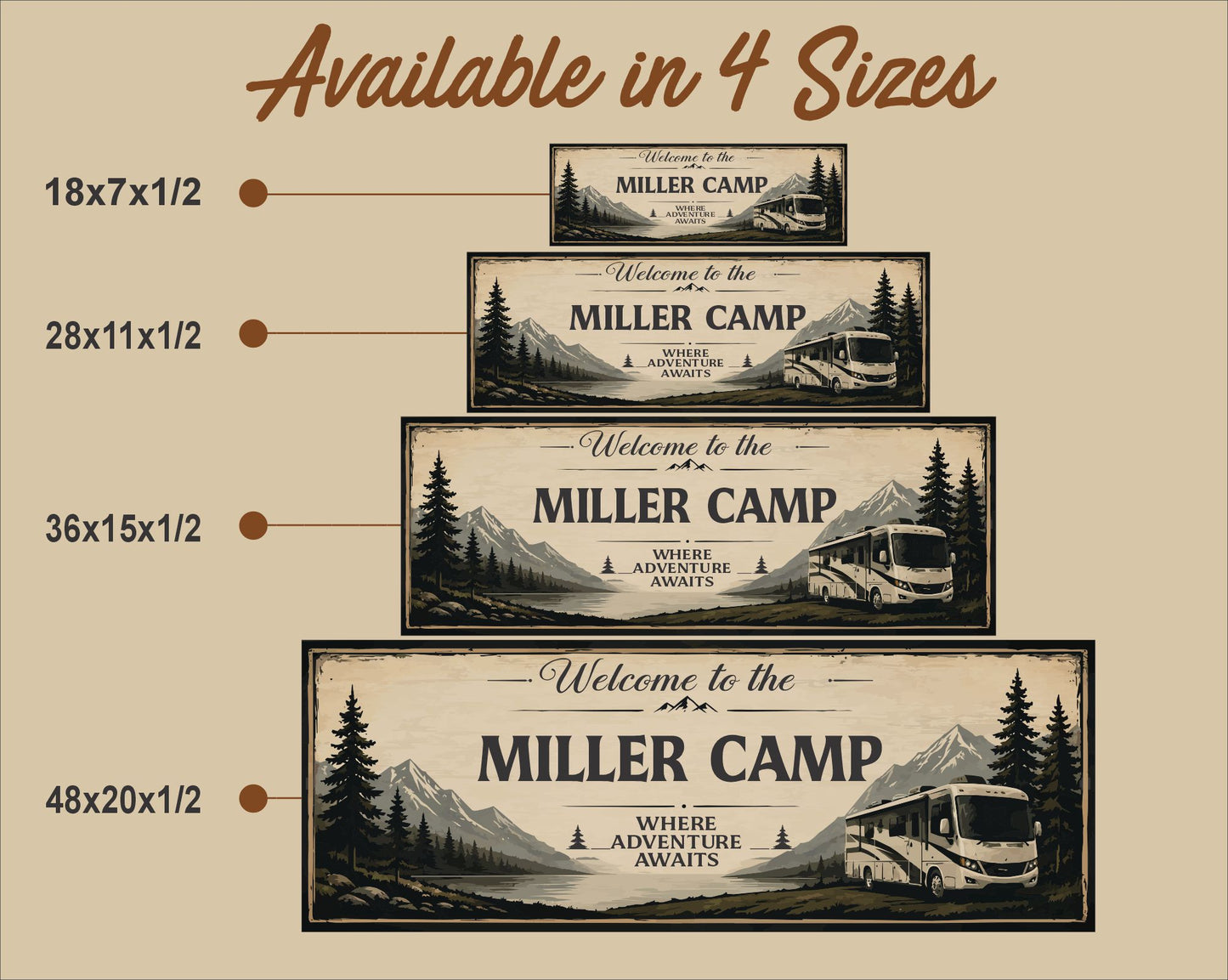 Size comparison image showing personalized RV campsite sign available in 18x7, 28x11, 36x15, and 48x20 inch sizes