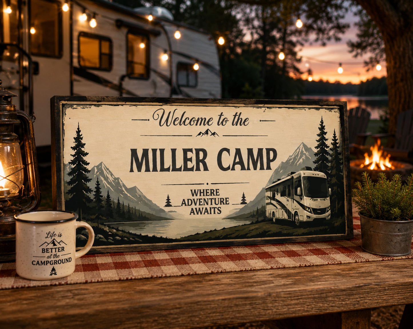 Personalized RV campsite sign with mountain lake artwork and camper illustration displayed on rustic outdoor table near RV campsite