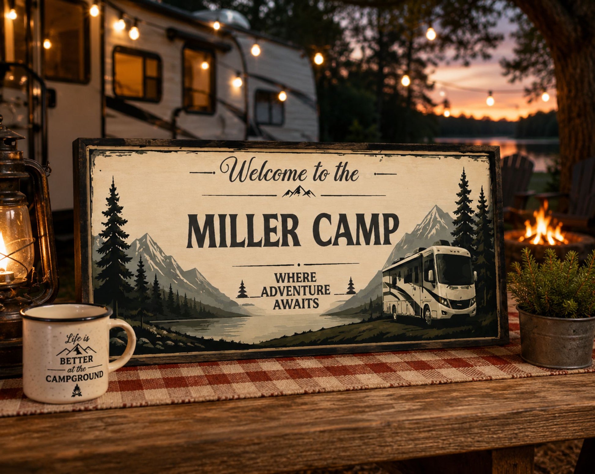 Personalized RV campsite sign with mountain lake artwork and camper illustration displayed on rustic outdoor table near RV campsite