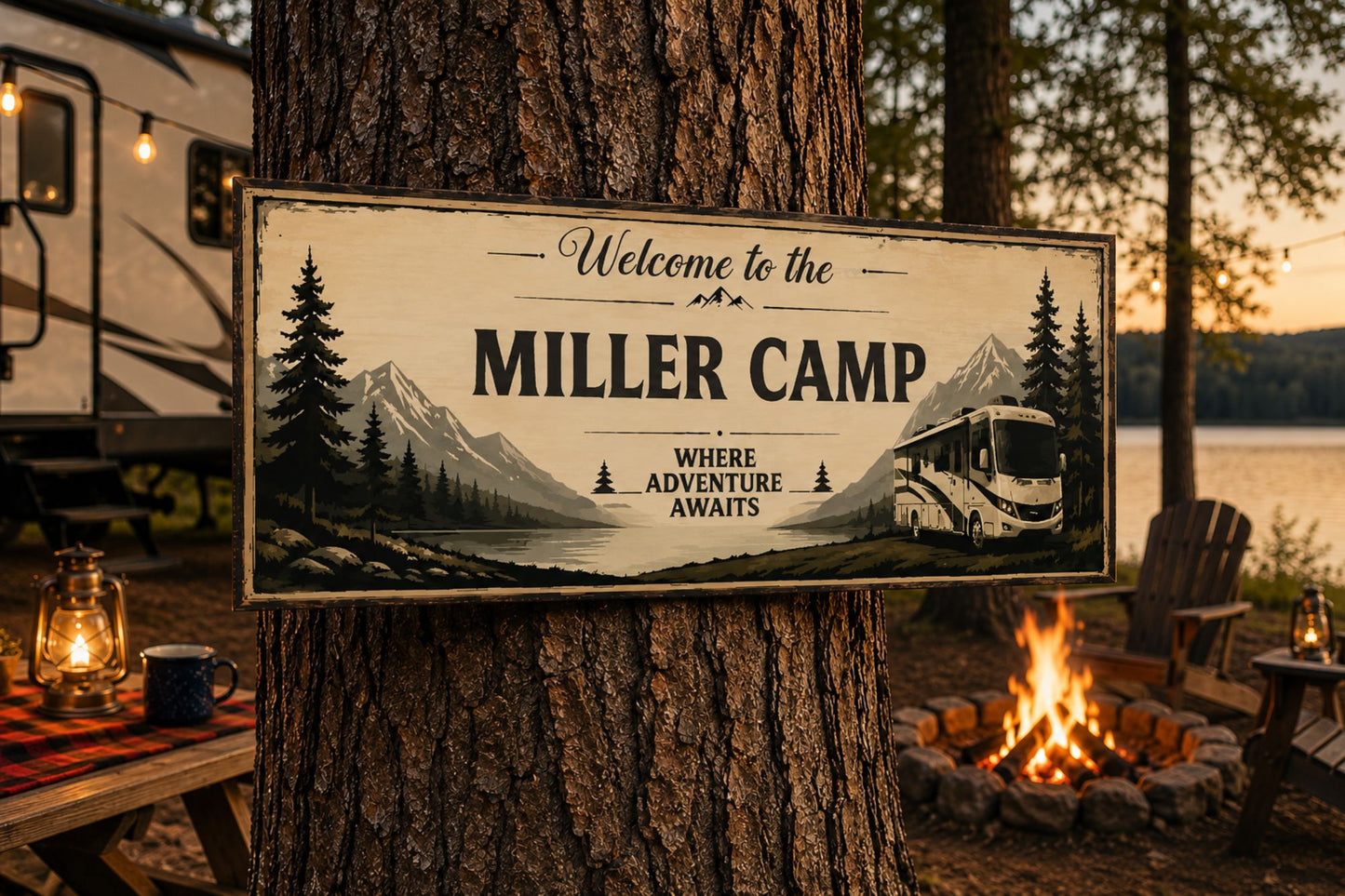Custom camping sign mounted on campsite tree with glowing lanterns and evening campfire scene