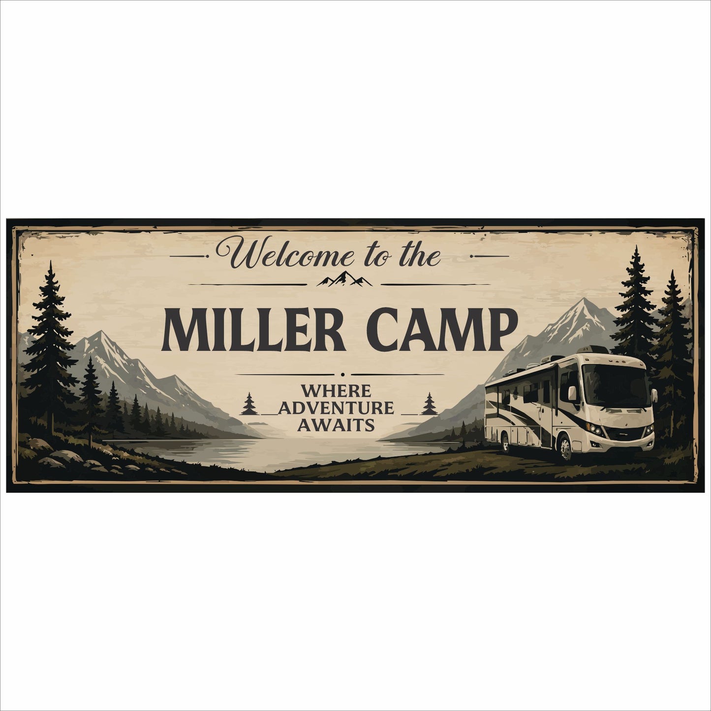 Product image of rustic personalized campsite sign with editable family name and RV camping theme