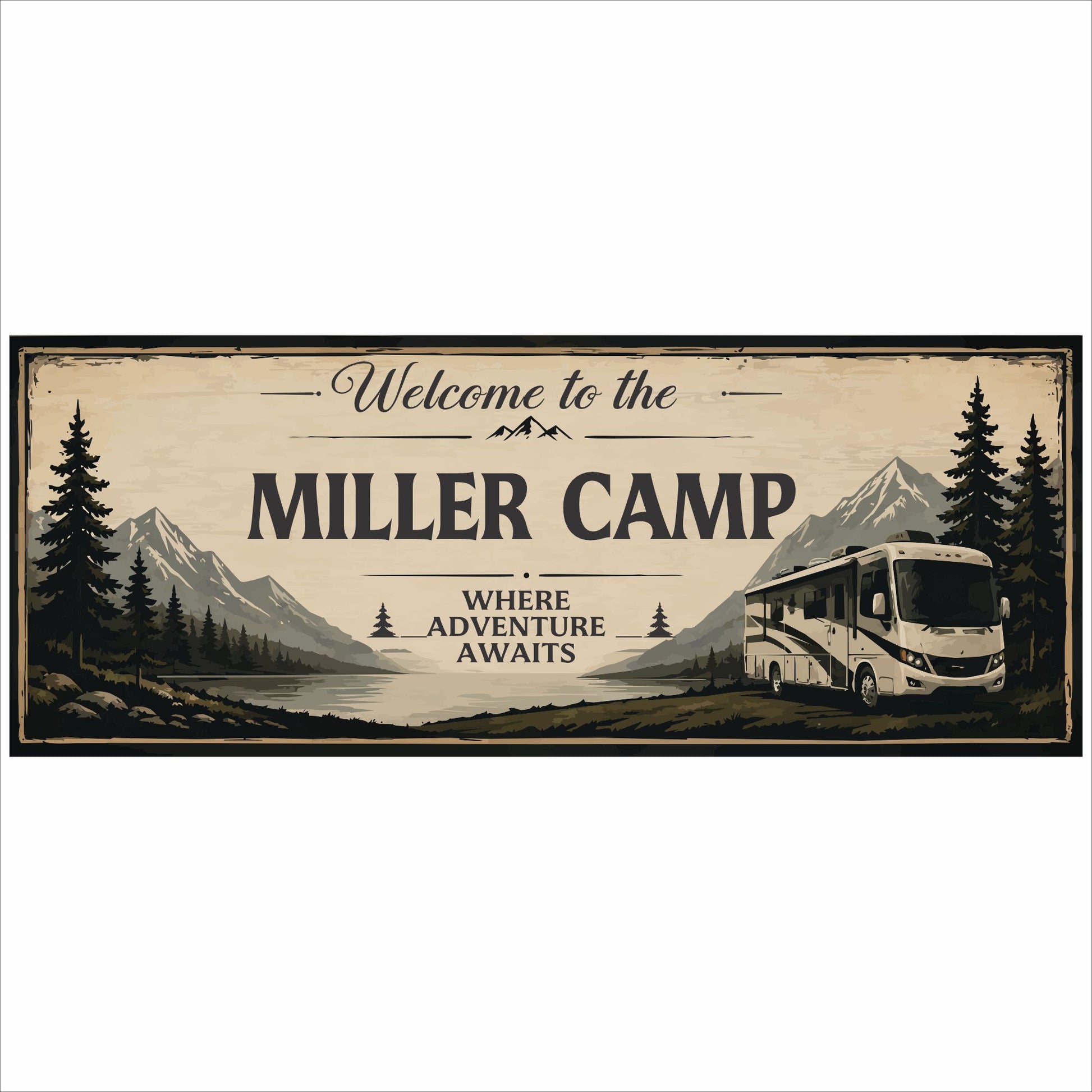 Product image of rustic personalized campsite sign with editable family name and RV camping theme