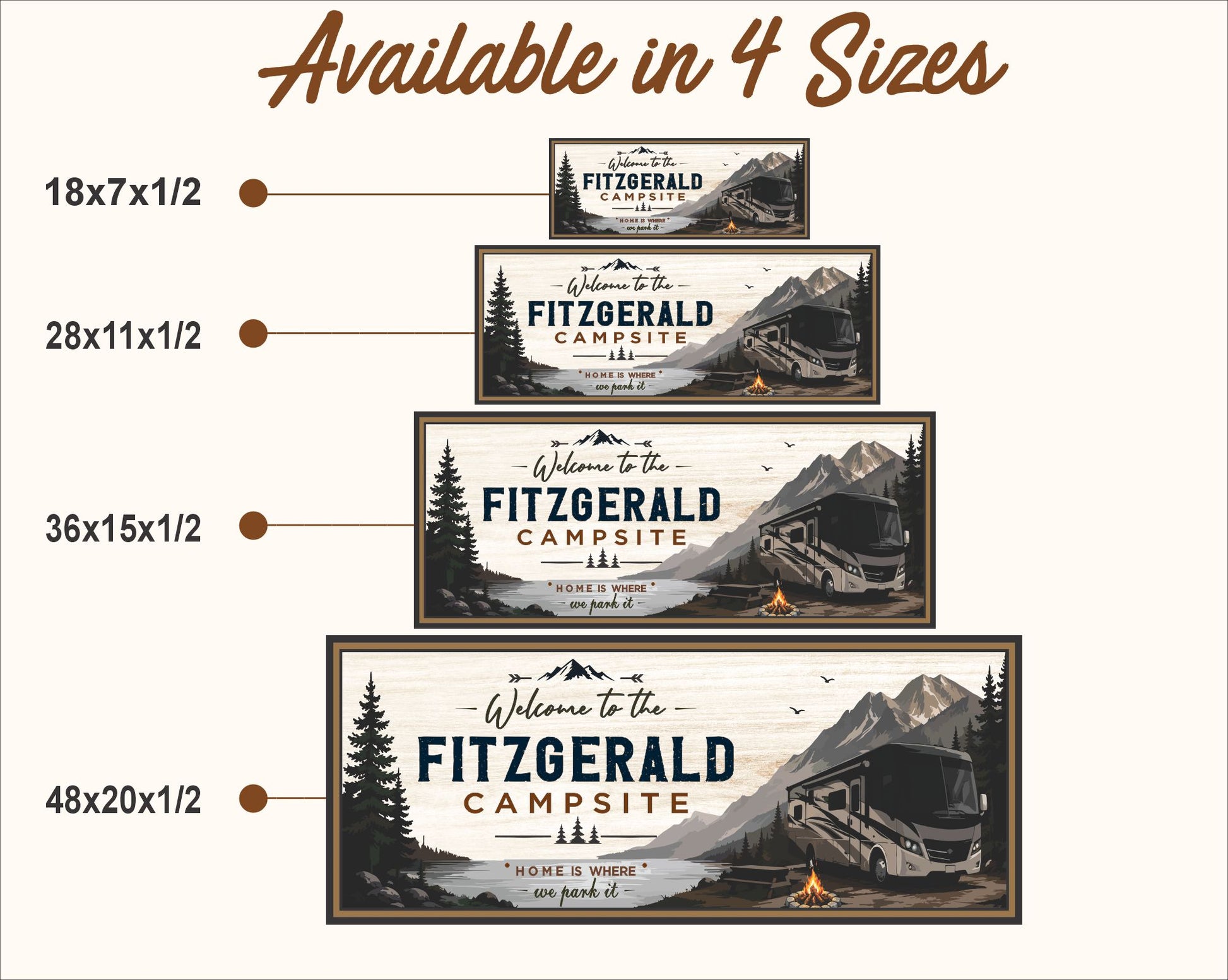 Size comparison chart showing all four available campsite sign sizes