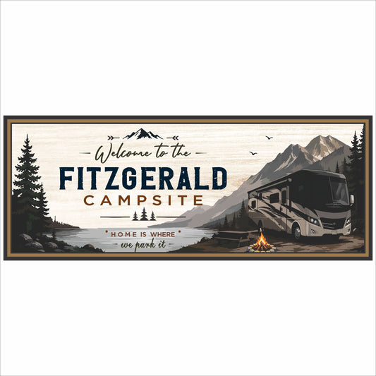 Personalized Class A RV campsite sign featuring mountain scenery, pine trees, campfire, and custom campsite name