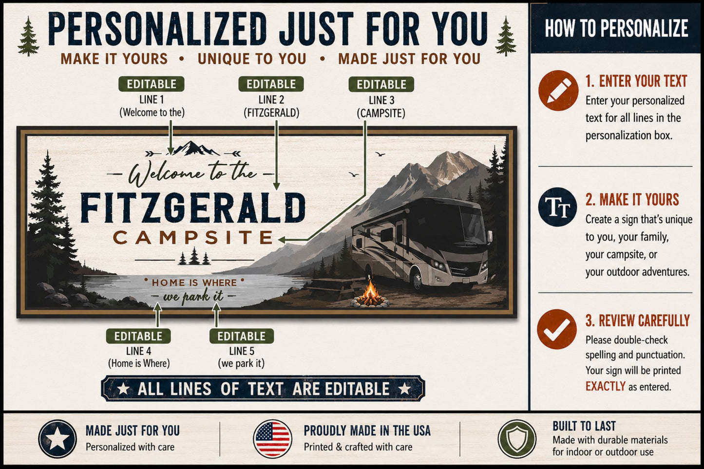 Personalization guide showing editable text areas on the custom RV campsite sign