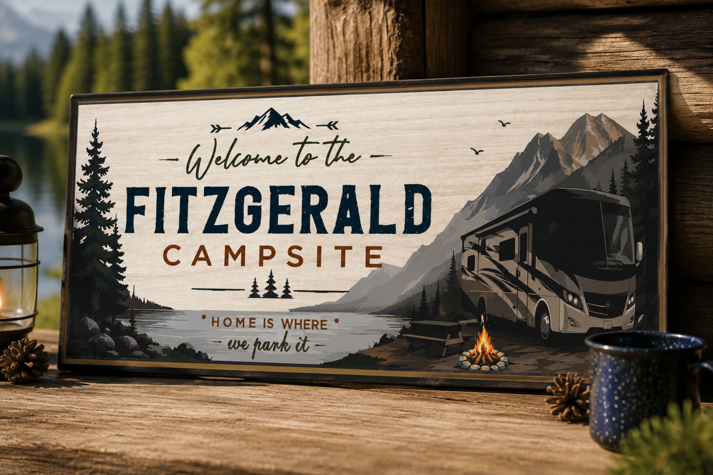 Custom RV campsite sign displayed outdoors with a Class A motorhome theme and mountain background
