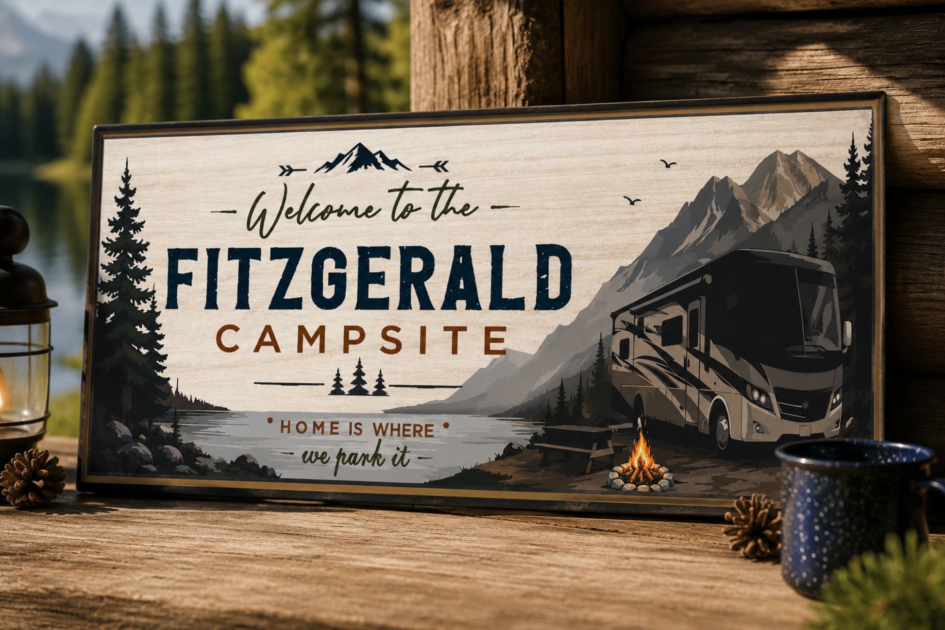 Custom RV campsite sign displayed outdoors with a Class A motorhome theme and mountain background