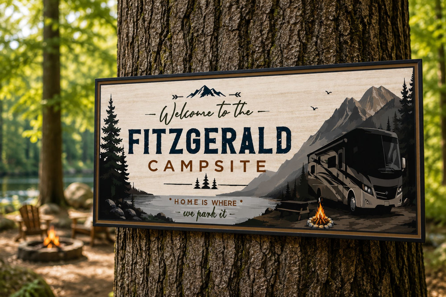 Personalized camping sign mounted on a tree in a wooded campground setting