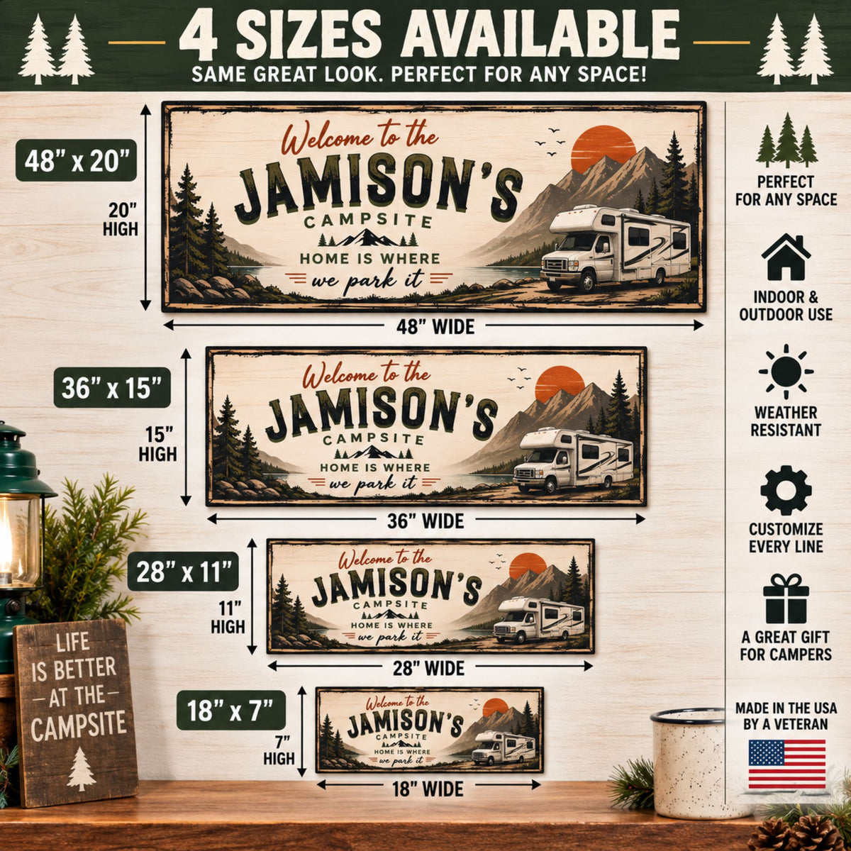 Four-size infographic showing personalized campsite sign in 18x7, 28x11, 36x15 and 48x20 sizes.