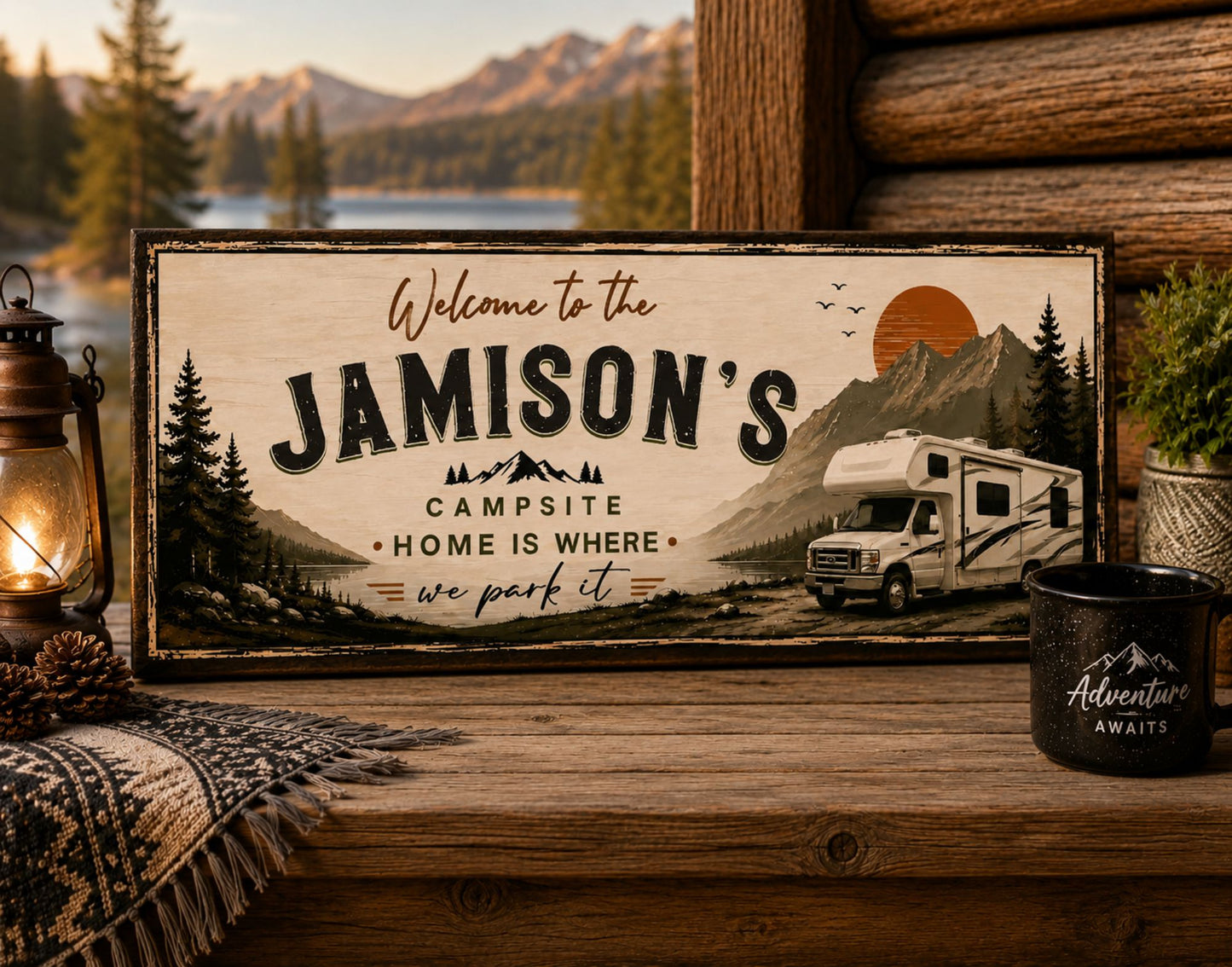 Custom RV campsite sign displayed on rustic cabin shelf beside lantern and lakefront camping setting