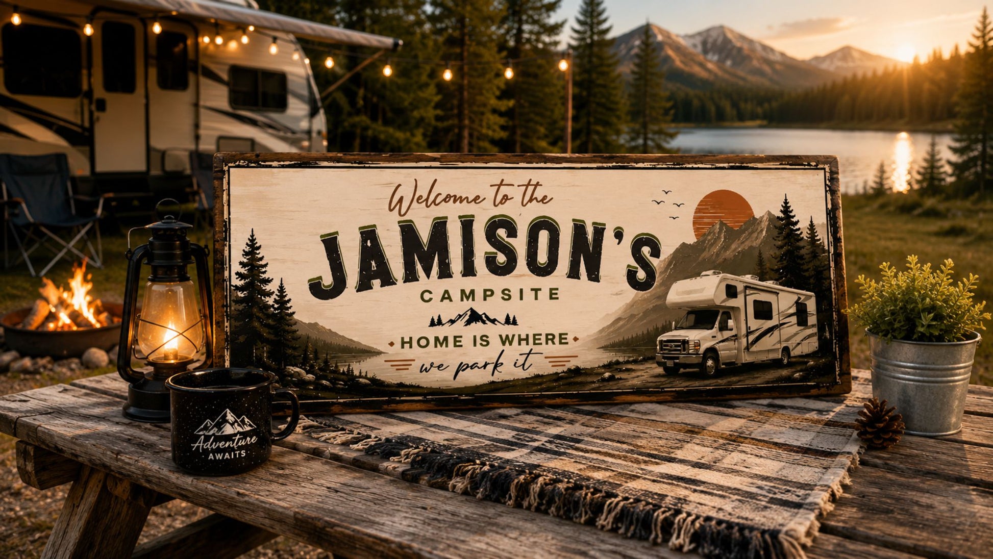 Lifestyle image of personalized campsite decor displayed on rustic outdoor table beside camper and lantern