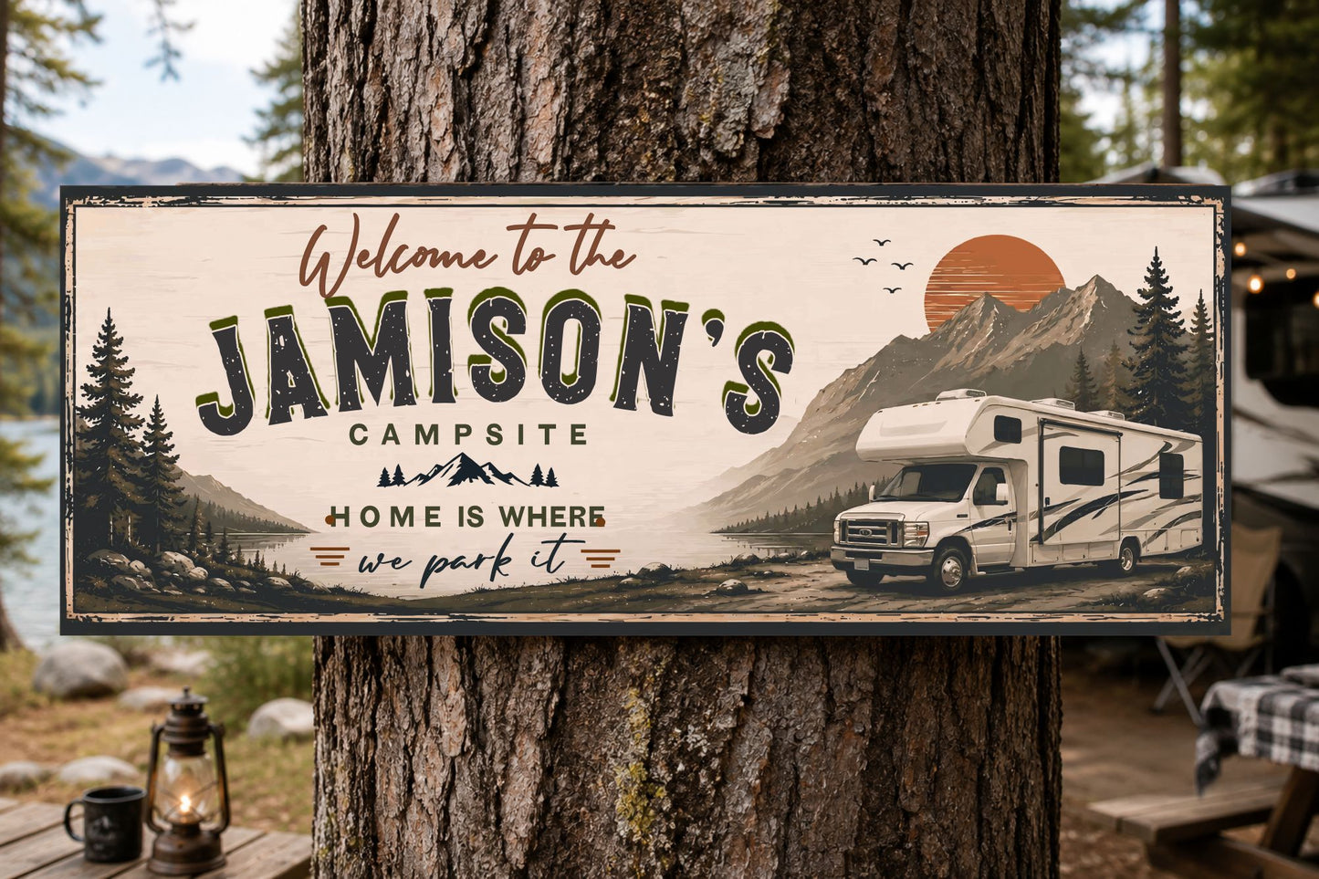 Personalized camper wall sign mounted outdoors on tree beside RV campsite and forest campground at sunset