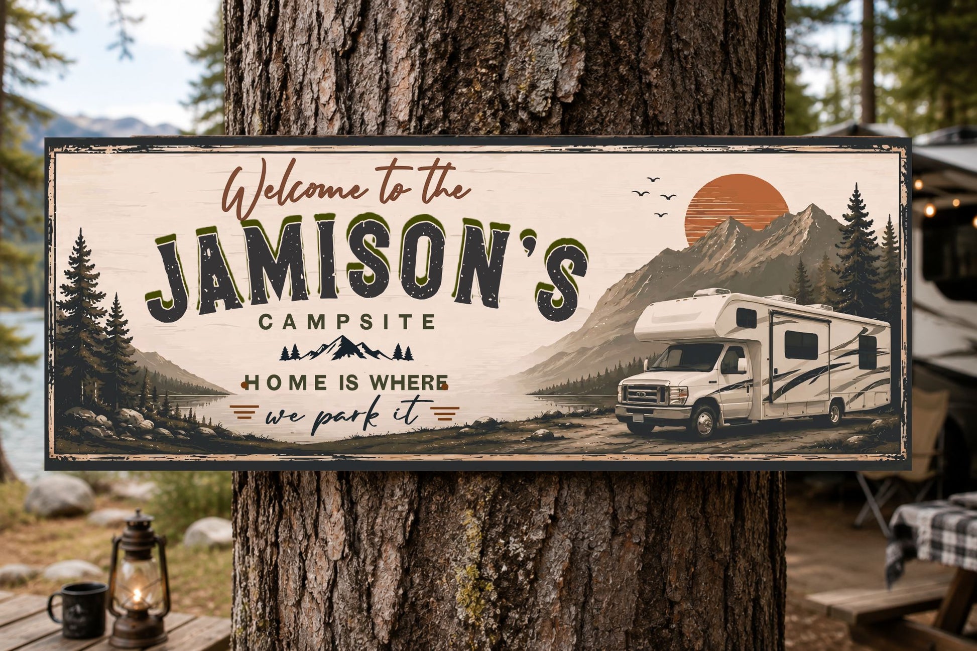 Personalized camper wall sign mounted outdoors on tree beside RV campsite and forest campground at sunset