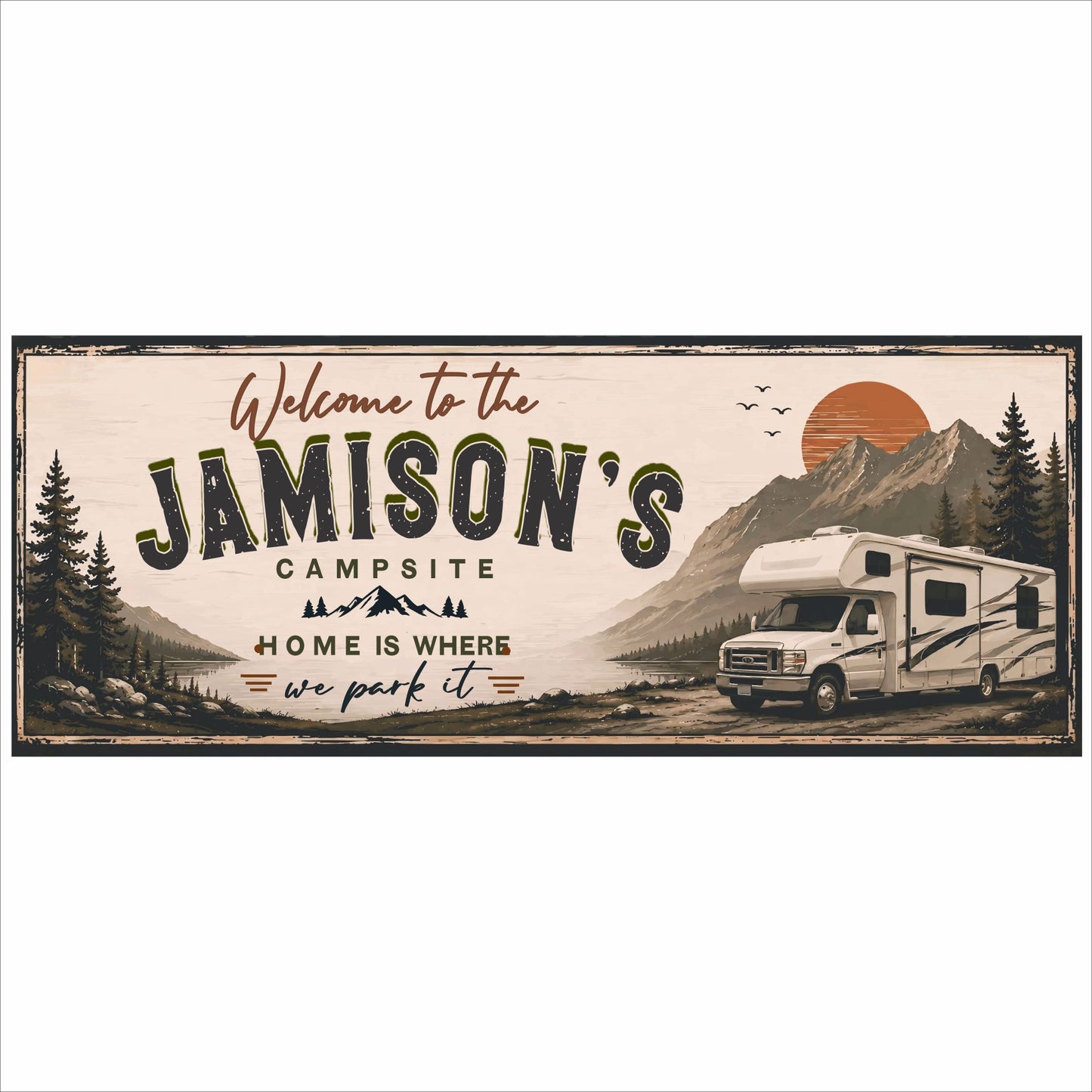 Personalized campsite sign with RV camper artwork and mountain sunset scene displayed 