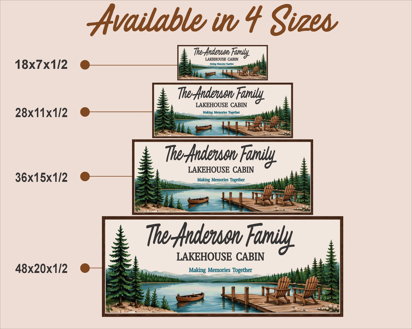 Lakehouse cabin wall sign size comparison chart displaying all four available sizes from 18x7 to 48x20 inches