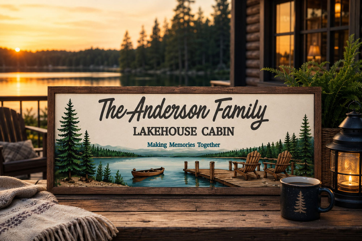 Personalized lake house sign displayed on rustic outdoor cabin porch overlooking waterfront sunset scenery