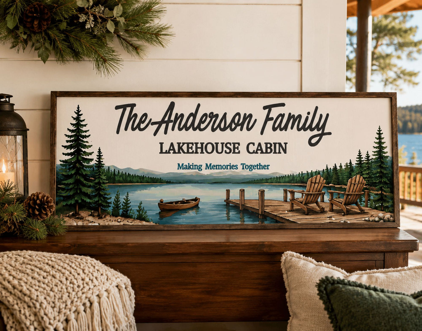 Custom family cabin sign displayed on indoor shelf with cozy lodge decor and woodland accents