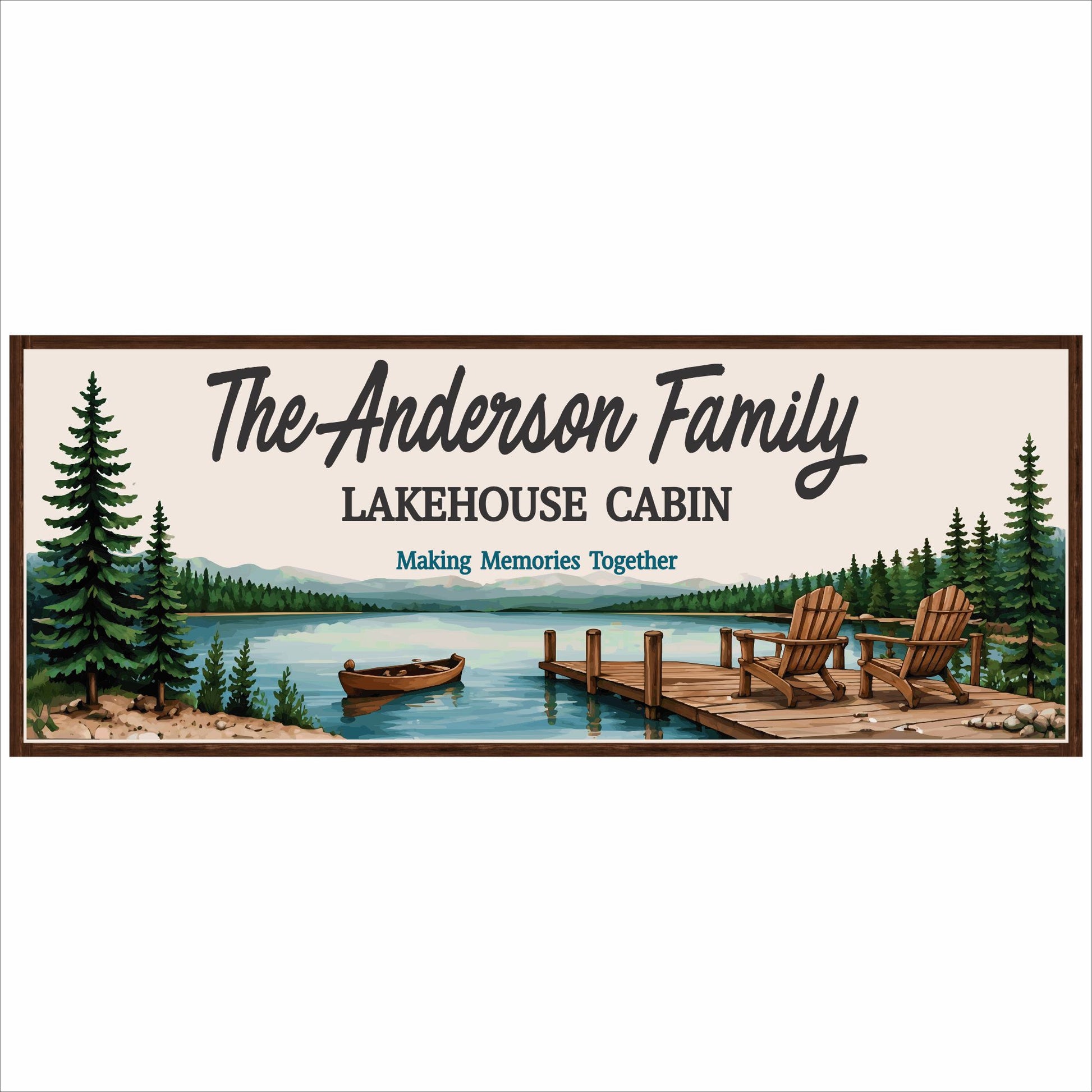 Custom lakehouse cabin sign with personalized family name dock chairs canoe and peaceful lakeside forest artwork